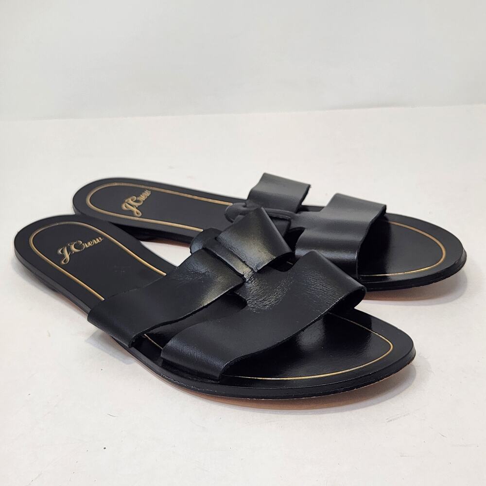 J Crew Cyprus Black Leather Interlocking Strap Sandals Women Size 8 Slip On Flat